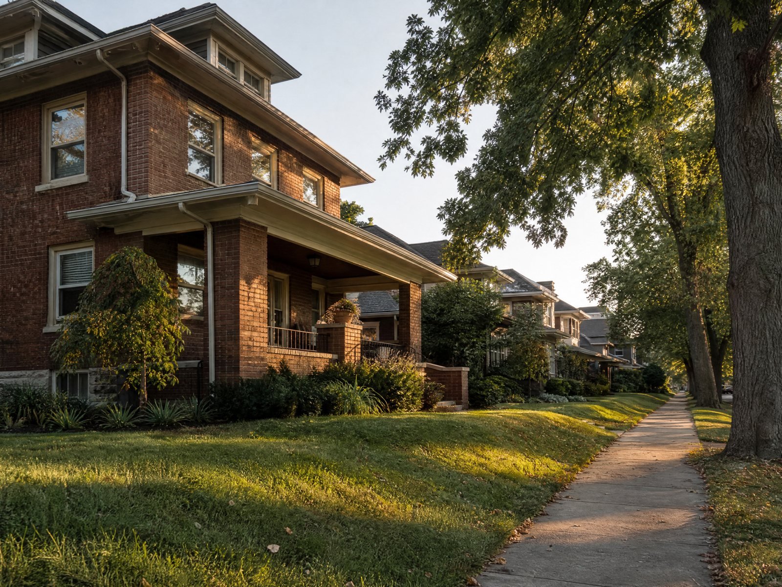 Tree lined Kansas City residential street with neighborhood homes at golden hour