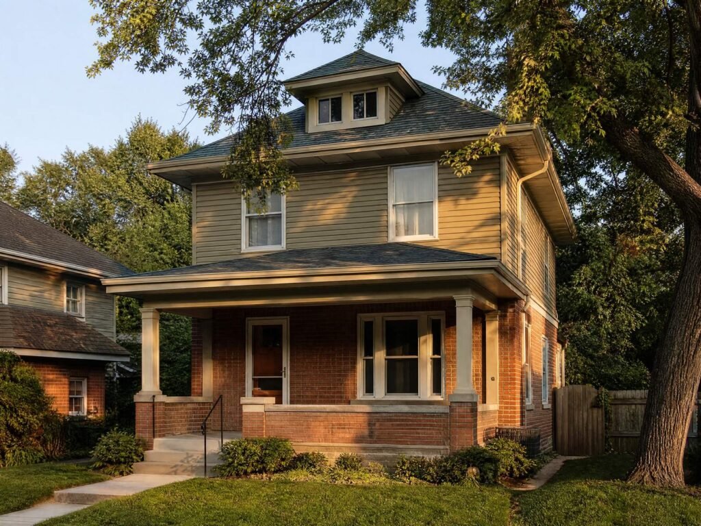 Kansas City foursquare house with a brick front porch under tall shade trees